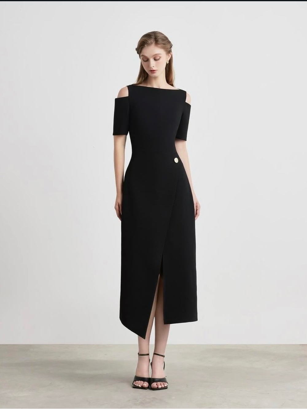 Black Cold-Shoulder Midi Dress with Asymmetric Wrap